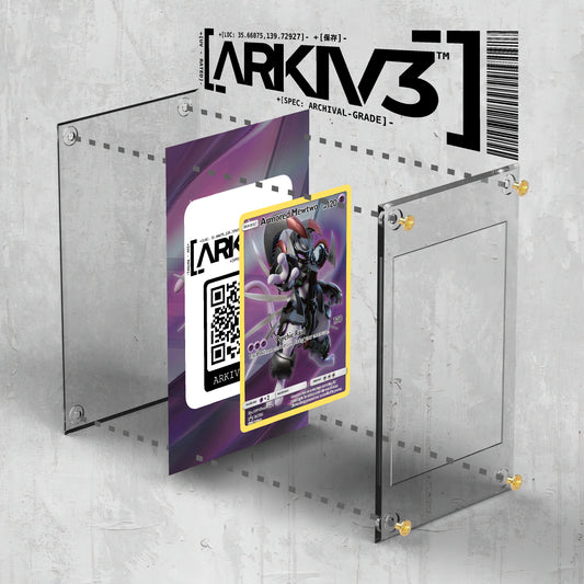 Exploded view of ARKIV3 Armored Mewtwo SM228 Extended Art Pokémon card in clear display case, showcasing detailed artwork.