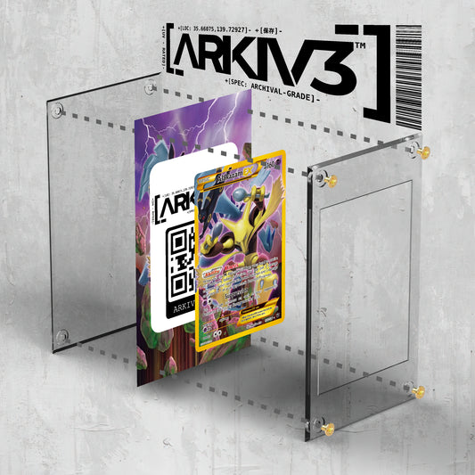Exploded mockup of ARKIV3 Alakazam EX Extended Art Pokémon card display case showing internal components and packaging.