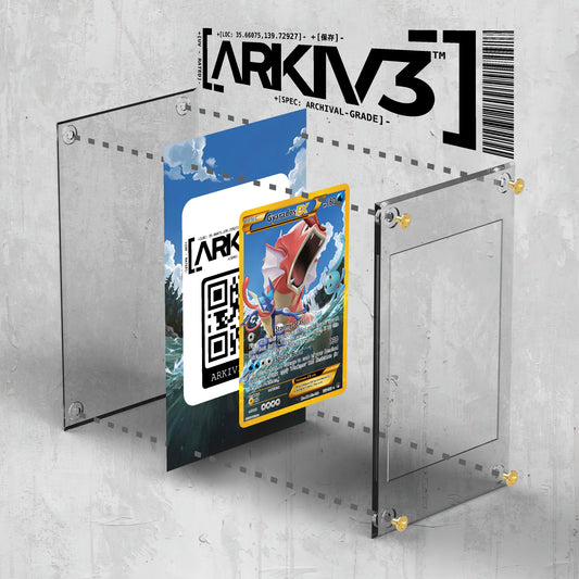 ARKIV3 Gyarados EX Extended Art Pokémon card in display case with screwdown holder, showcasing detailed artwork and packaging.