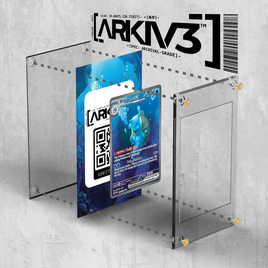 Exploded view of ARKIV3 Blastoise ex Extended Art display case with screws and components for raw card protection.