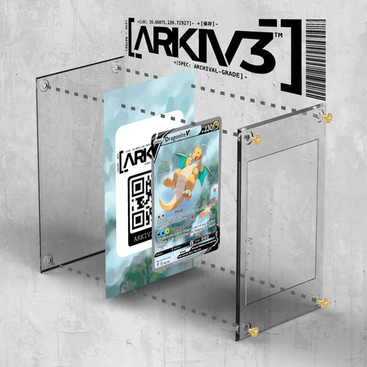 Dragonite V Extended Art Pokemon card in ARKIV3 display case with screw-down protection, shown in exploded view.