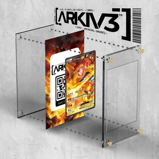 Exploded view of ARKIV3 Charizard EX Extended Art Pokémon card display case showing screw-down components.