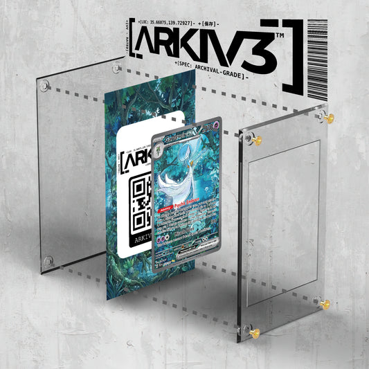 ARKIV3 Gardevoir ex Extended Art Pokémon card in display case, showing exploded mockup with screw-down protective frame.