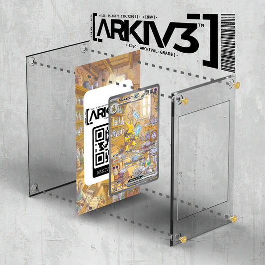Exploded view of ARKIV3 Alakazam ex Extended Art Pokémon card display case with screws and components.