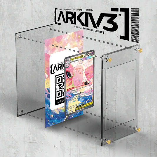 Exploded view of ARKIV3 Mega Clefable ex Extended Art display case showing screw-down components and internal structure.