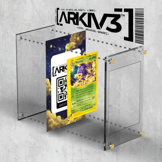ARKIV3 Weezing Extended Art Pokémon display case with screwdown mockup showing clear plastic and metal components.