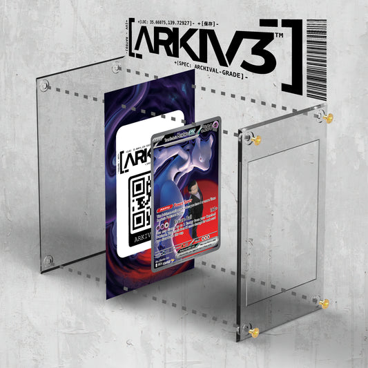 ARKIV3 Team Rocket's Mewtwo ex extended art Pokémon card in display case, with exploded mockup and screw-down protection.