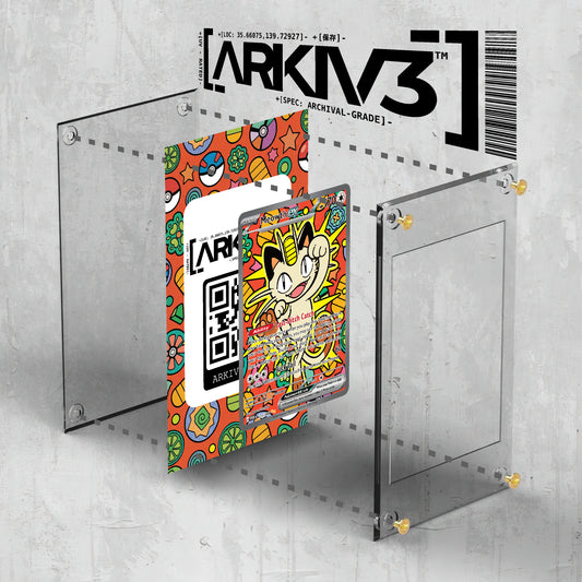 ARKIV3 Meowth Extended Art Pokémon card in a clear display case with screws, showcasing the card's artwork and protective frame.