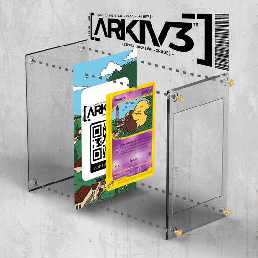 Drowzee Extended Art Trading Card in ARKIV3 display case with screw-down protector, shown in exploded mockup view.