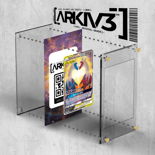 Exploded view of ARKIV3 Latias & Latios GX extended art Pokémon trading card display case and packaging.
