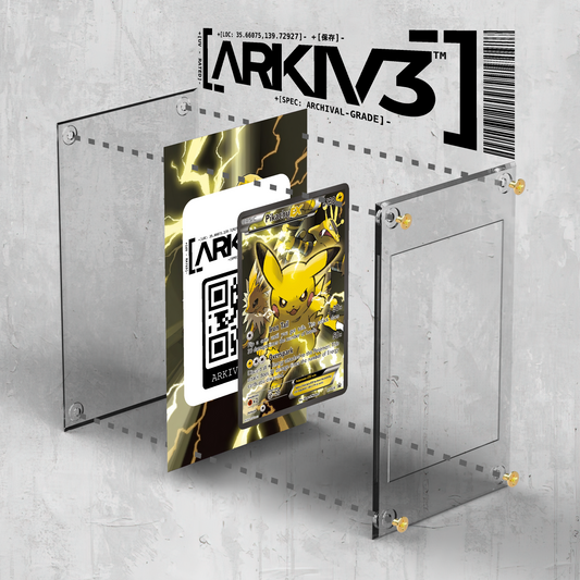 ARIKV3 Pikachu EX Extended Art Pokémon card displayed in a clear case with exploded mockup template illustration.