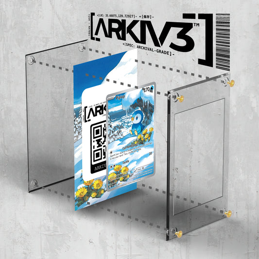 ARKIV3 Piplup Extended Art Display Case in raw finish shown in exploded view with multiple compartments and protective edges.