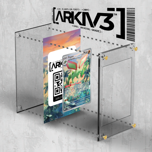 ARKIV3 Flygon Extended Art Display Case for Pokémon cards, shown in exploded view with compartments and protective cover.