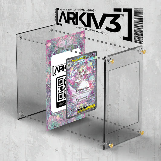Exploded view of Mega Gardevoir ex Extended Art Pokémon card in display case, showcasing detailed artwork and packaging by ARKIV3.