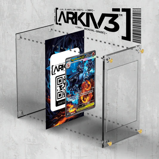 ARKIV3 Mega Charizard X ex extended art Pokémon card in display case, with exploded mockup showing packaging and artwork details.