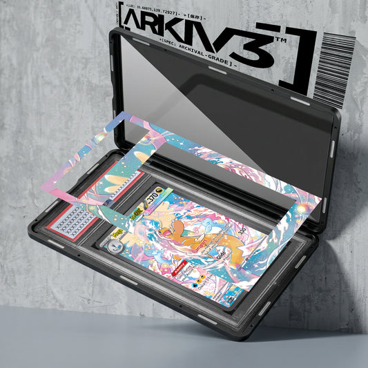 Graded Mega Dragonite ex Extended Art Pokémon card in display case featuring detailed exploded view with ARKIV3 branding.