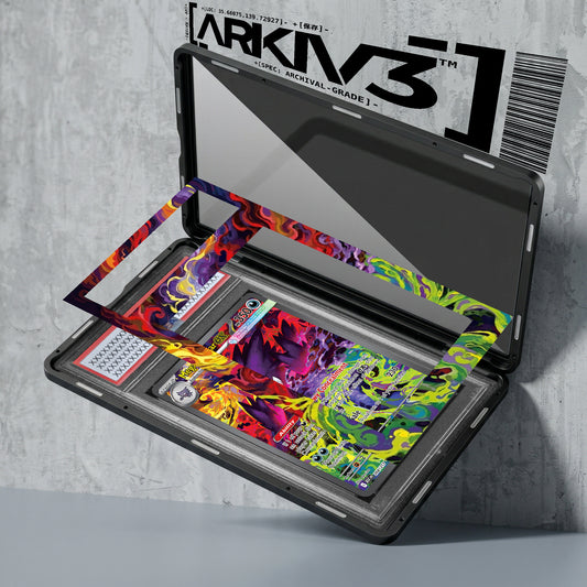 Graded Mega Gengar ex Extended Art Pokémon card in display case with ARKIV3 branding and protective casing.