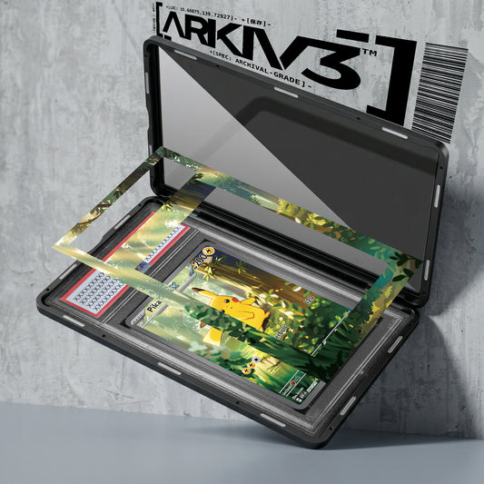 ARKIV3 Pikachu ex Extended Art graded Pokémon card in display case, showcasing vibrant artwork and protective casing.