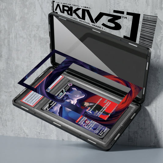 Graded ARKIV3 Team Rocket's Mewtwo ex Extended Art Pokémon card in display case, showcasing detailed artwork and grading label.