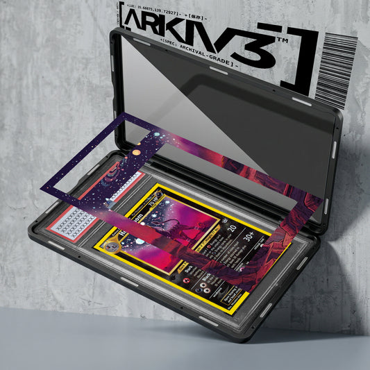 ARKIV3 Houndoom Extended Art graded Pokémon card in display case with exploded view of packaging and protective casing.