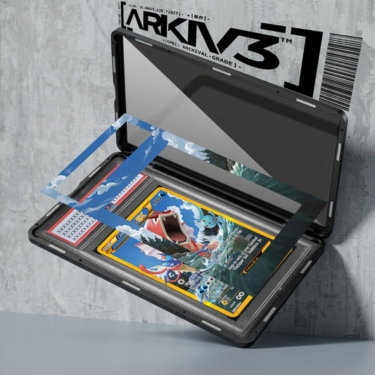 Graded Gyarados EX Extended Art Pokémon card in display case, showcasing detailed artwork and professional grading by ARKIV3.