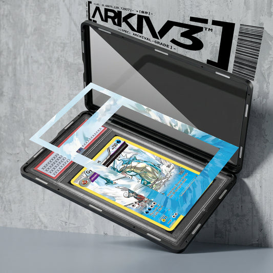 Gyarados Extended Art Pokémon card in graded display case, showing detailed artwork and packaging by ARKIV3.
