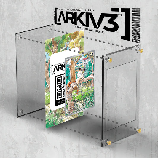 ARKIV3 Meowth Extended Art display case with Phantasmal Flames design, showcasing a collectible Pokémon card inside.
