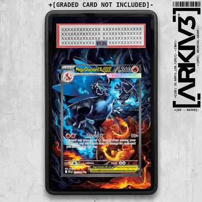 ARKIV3 Mega Charizard X ex Extended Art graded Pokémon card in a display case, showcasing vibrant artwork and quality grading.