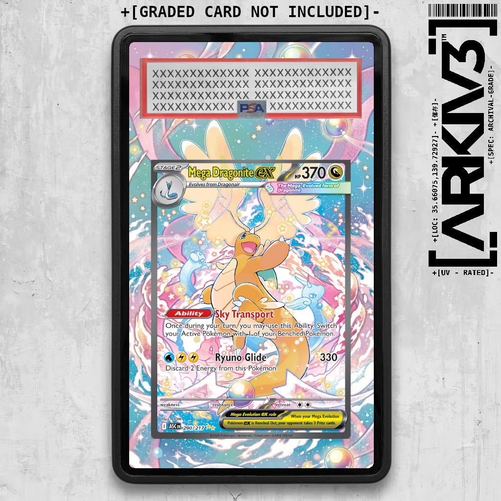 Black Mega Dragonite ex extended art Pokémon card in graded display case by ARKIV3, showcasing detailed Dragonite artwork.