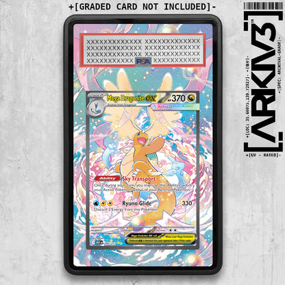 Black Mega Dragonite ex extended art Pokémon card in graded display case by ARKIV3, showcasing detailed Dragonite artwork.