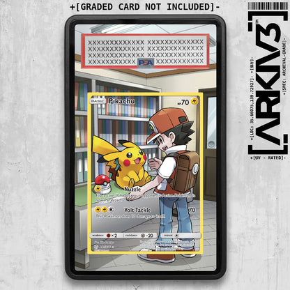 ARKIV3 Pikachu Extended Art graded card in a black display case for collectible Pokémon trading cards.