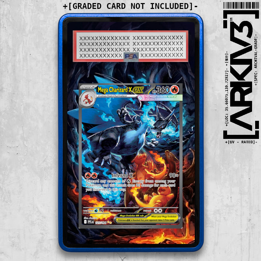 Blue Mega Charizard X ex extended art Pokémon card in ARKIV3 graded display case, showcasing detailed artwork and vibrant colors.