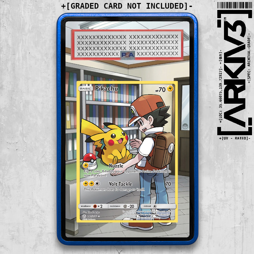 ARKIV3 Pikachu Extended Art graded card in a display case, showcasing the vibrant blue color and detailed artwork.