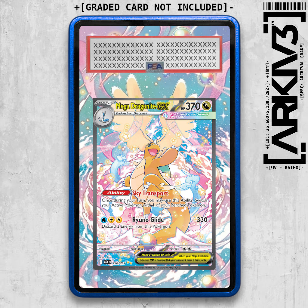Blue Mega Dragonite ex Extended Art Pokémon card in graded display case by ARKIV3, showcasing detailed artwork and vibrant colors.