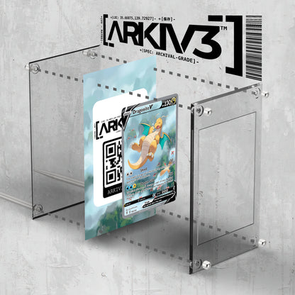 ARKIV3 Dragonite V Extended Art Pokémon card in a display case with exploded mockup mount for presentation and protection.