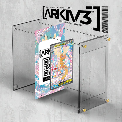 Image of the ARKIV3 Mega Dragonite ex Extended Art display case with exploded view, showing screw-down components and inner structure.