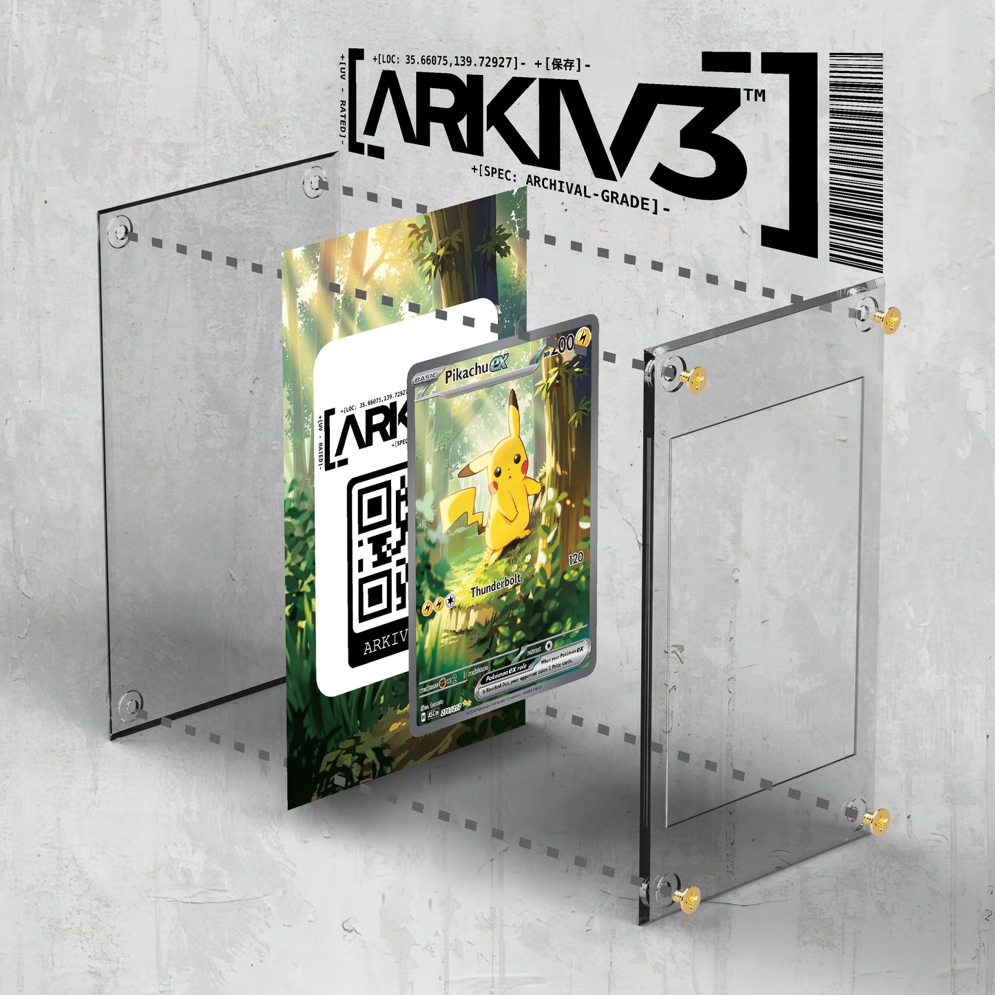 ARKIV3 Pikachu ex Extended Art Pokémon card in a display case, showing the exploded mockup with screws and protective cover.