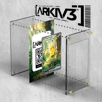 ARKIV3 Pikachu ex Extended Art Pokémon card in a display case, showing the exploded mockup with screws and protective cover.