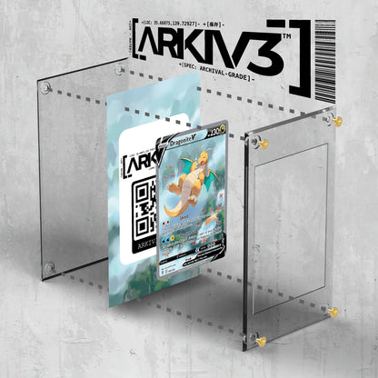 Dragonite V Extended Art Pokemon card in ARKIV3 display case with screw-down protection, shown in exploded view.