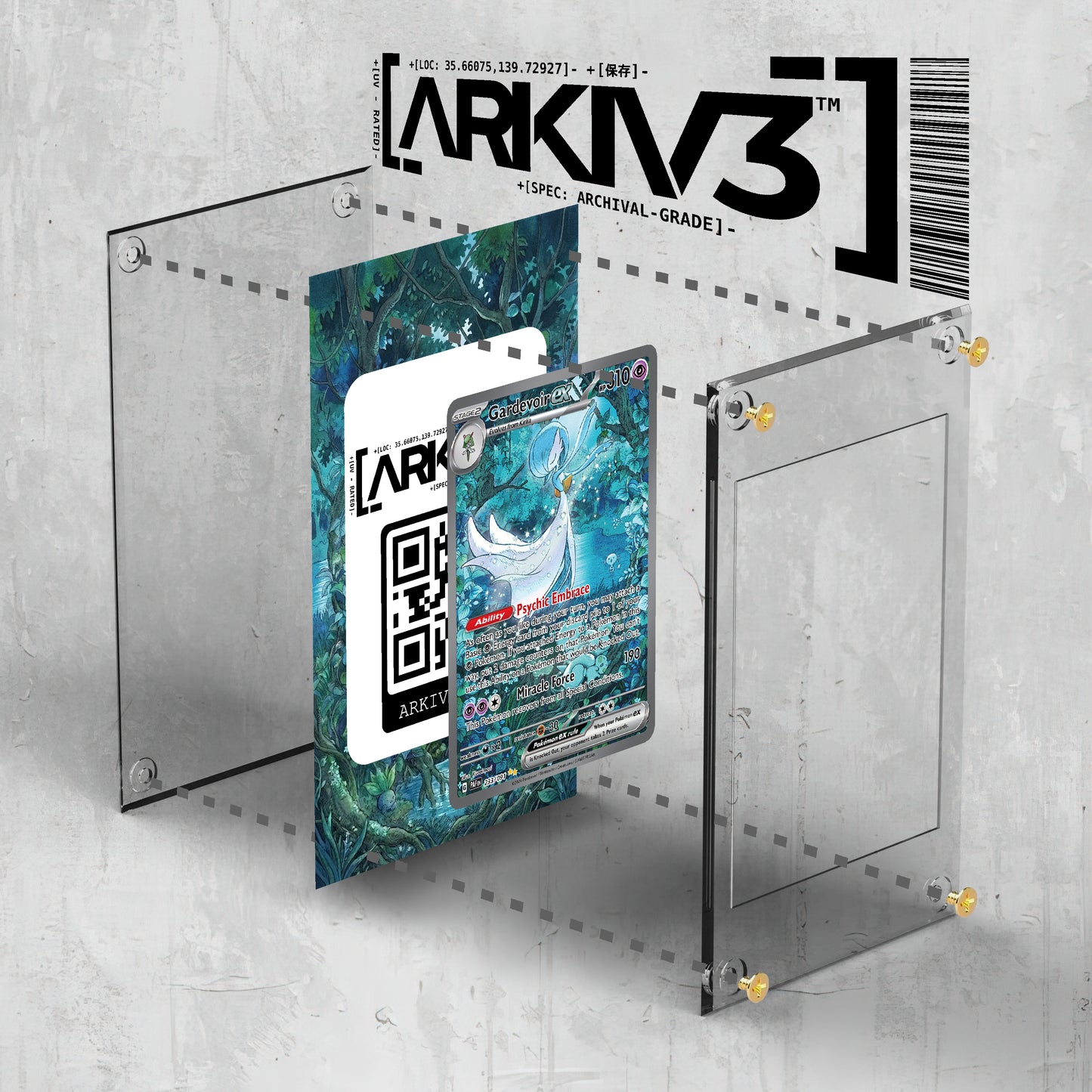 ARKIV3 Gardevoir ex Extended Art Pokémon card in display case, showing exploded mockup with screw-down protective frame.