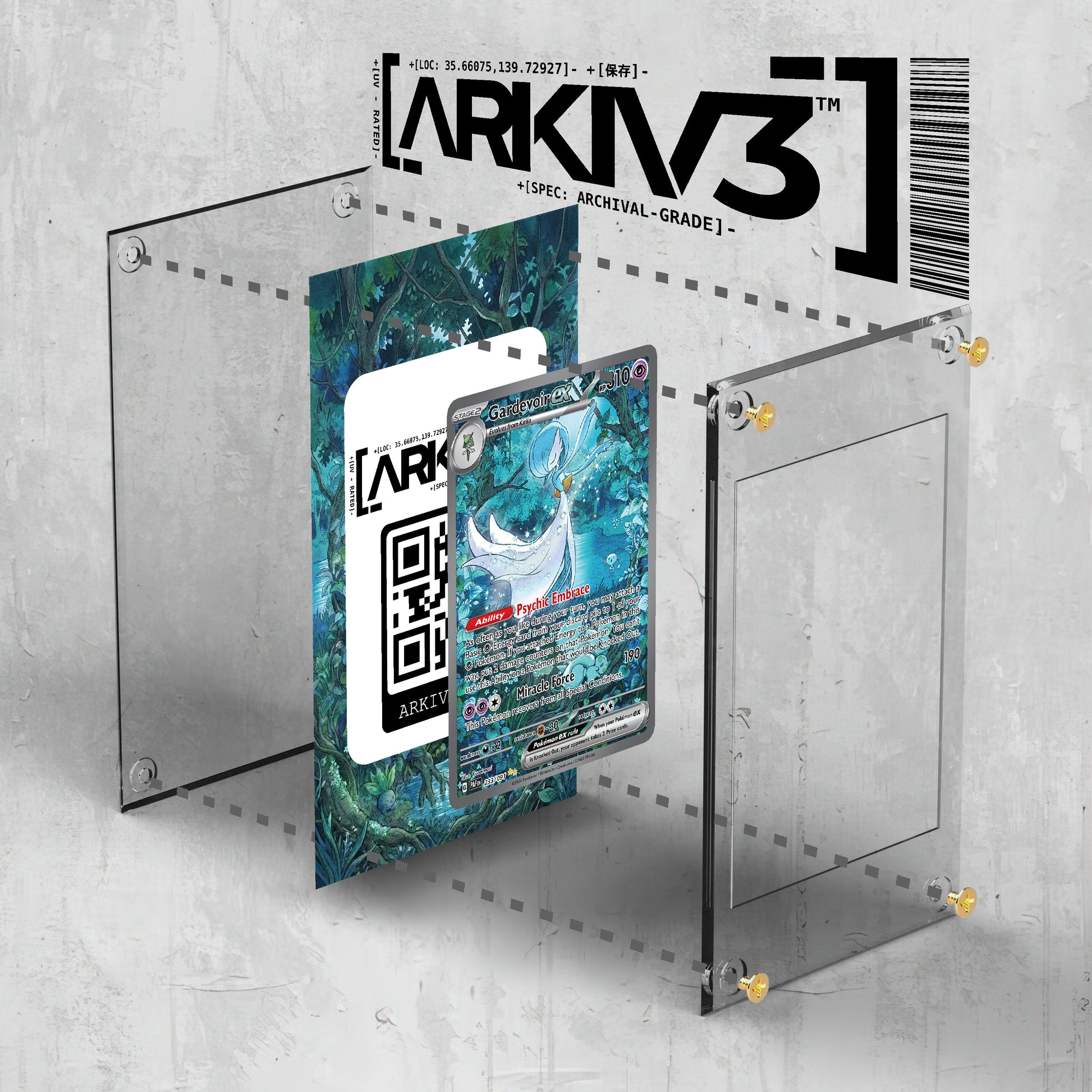 ARKIV3 Gardevoir ex Extended Art Pokémon card in display case, showing exploded mockup with screw-down protective frame.