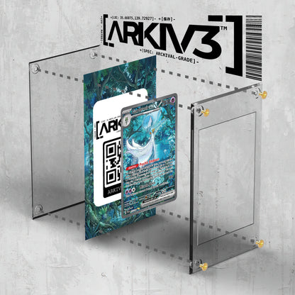 ARKIV3 Gardevoir ex Extended Art Pokémon card in display case, showing exploded mockup with screw-down protective frame.