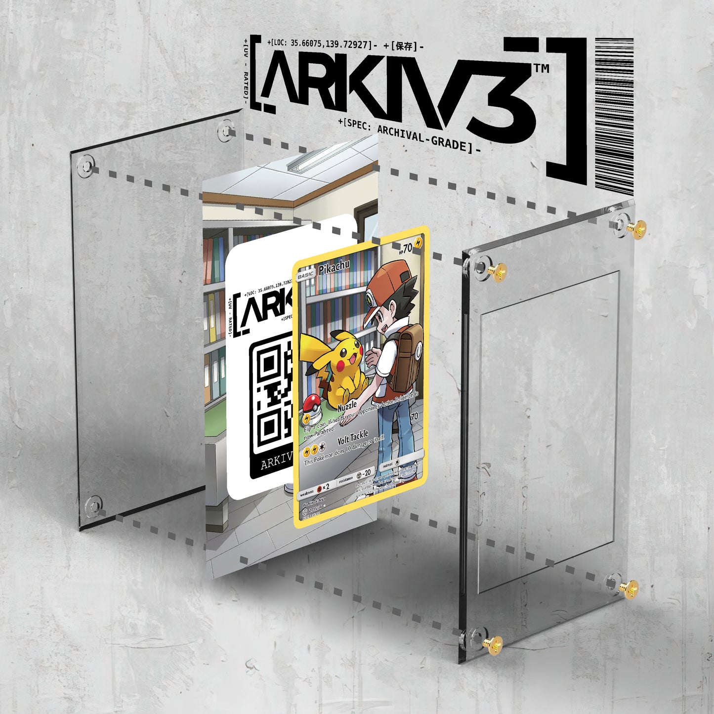 ARKIV3 Pikachu Extended Art Pokémon card display case with screw-down protective cover and exploded view of assembly.