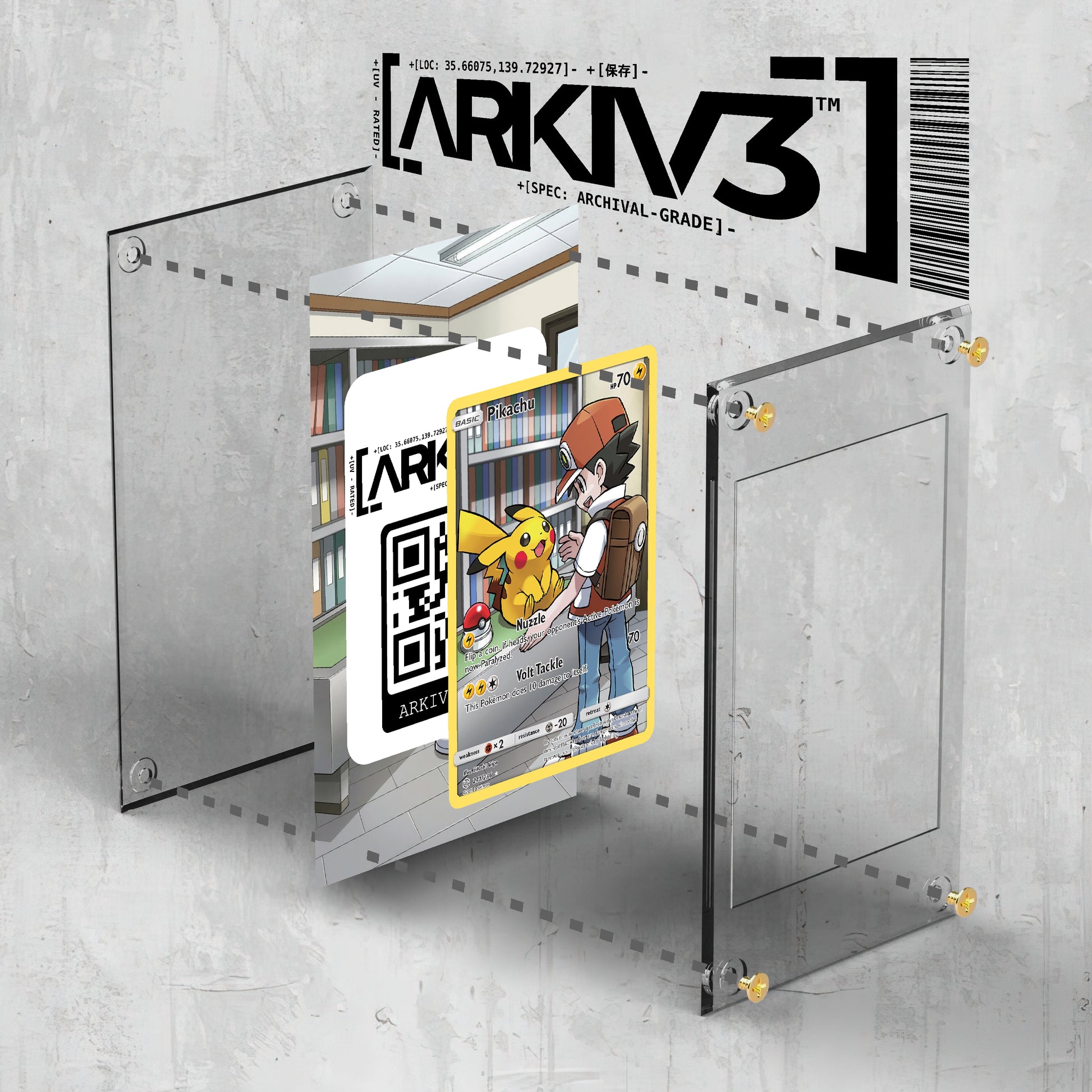 ARKIV3 Pikachu Extended Art Pokémon card display case with screw-down protective cover and exploded view of assembly.
