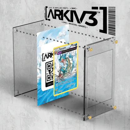 ARKIV3 Gyarados Extended Art display case with exploded view showing screwdown components and protective casing for collectible cards