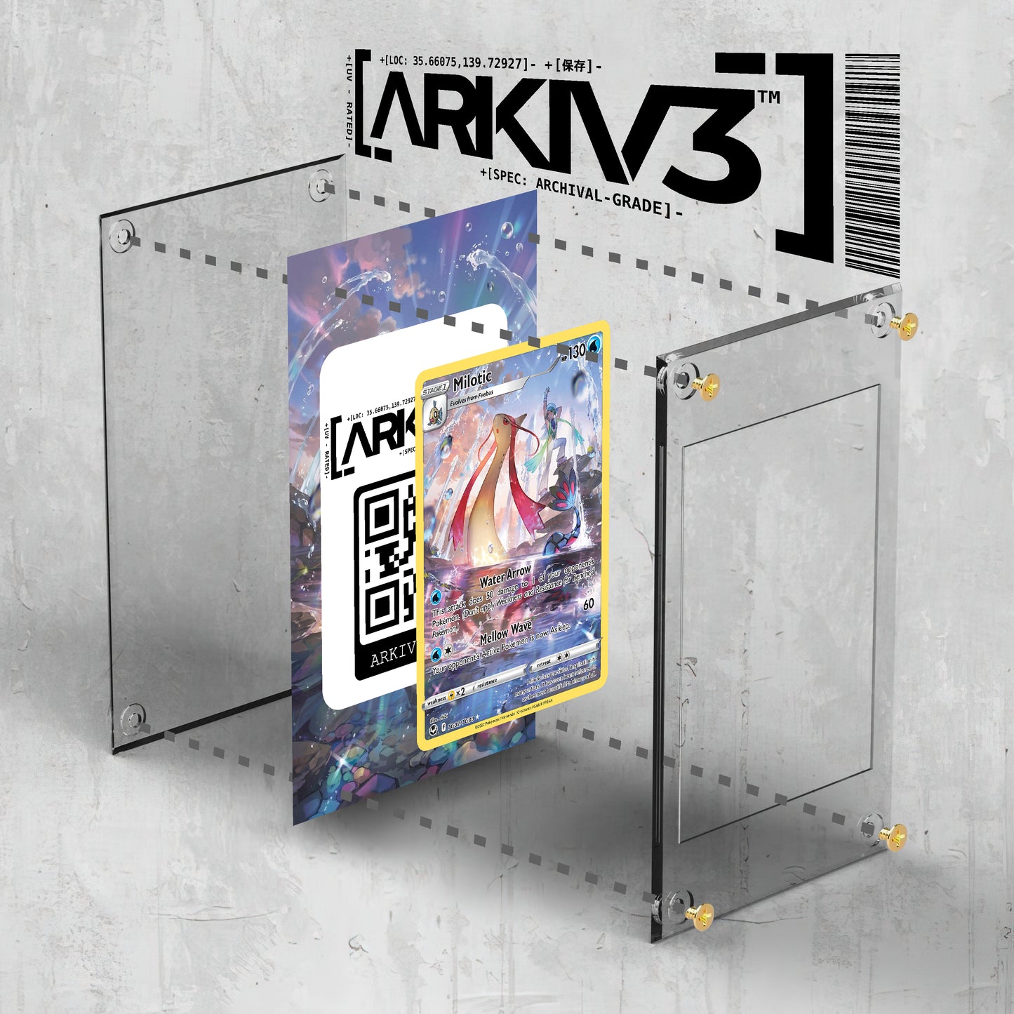 Exploded view of ARKIV3 Milotic Extended Art Display Case in raw finish, showing screws and modular parts for assembly.