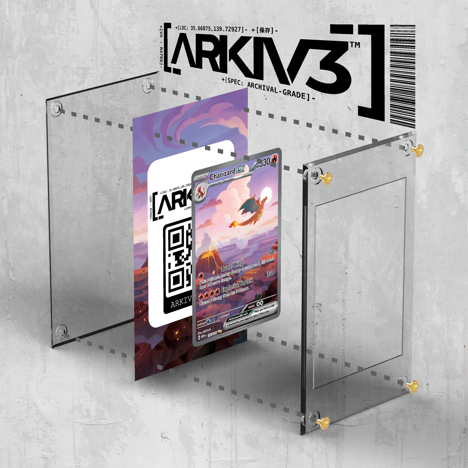 Exploded view of Charizard ex Extended Art Pokémon card display case with screws, showing assembly components by ARKIV3.