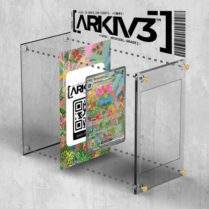 Exploded view of ARKIV3 Venusaur ex Extended Art Pokémon card display case with screws and packaging components.