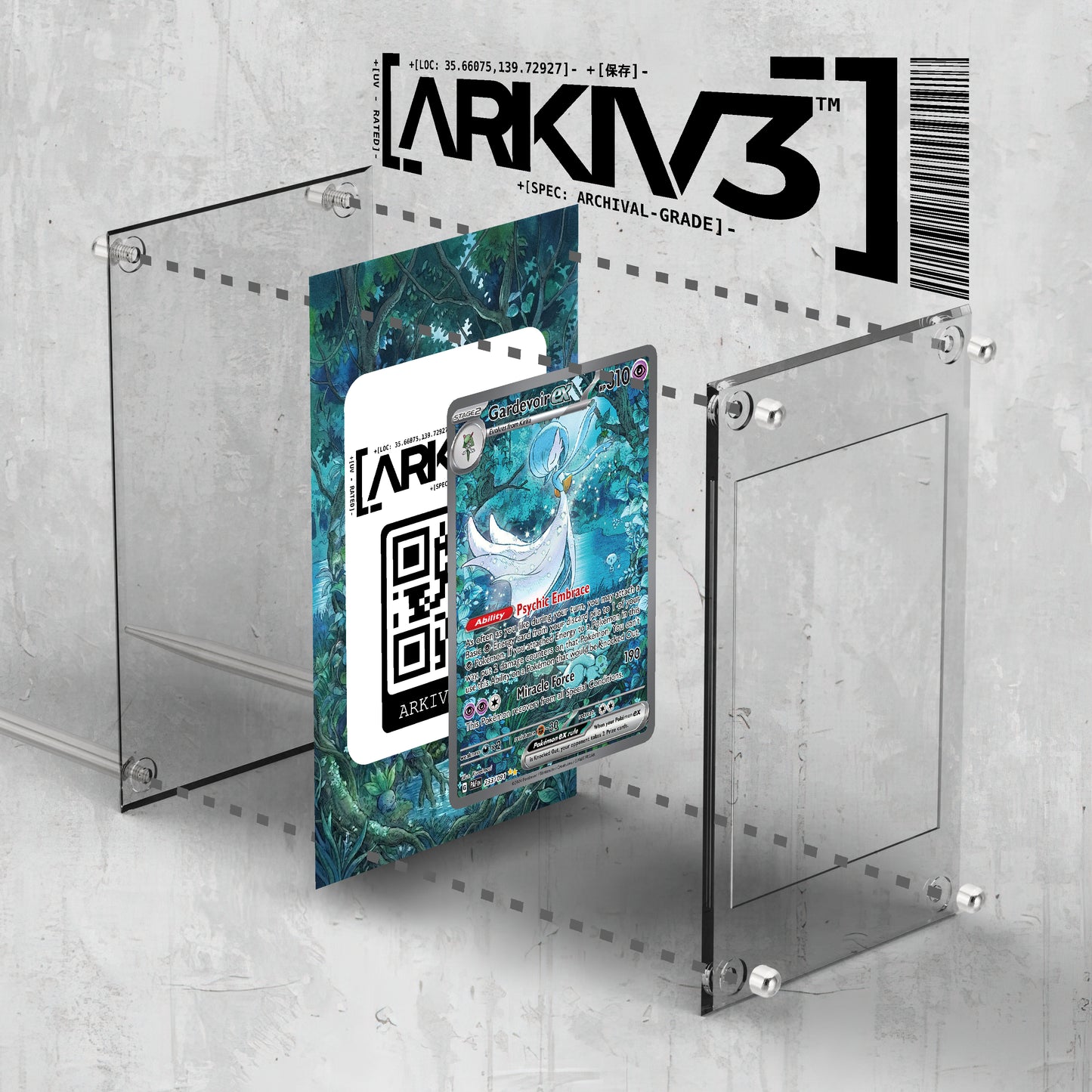 ARKIV3 Gardevoir ex Extended Art Pokémon card display case with exploded view showing mounting and packaging details.