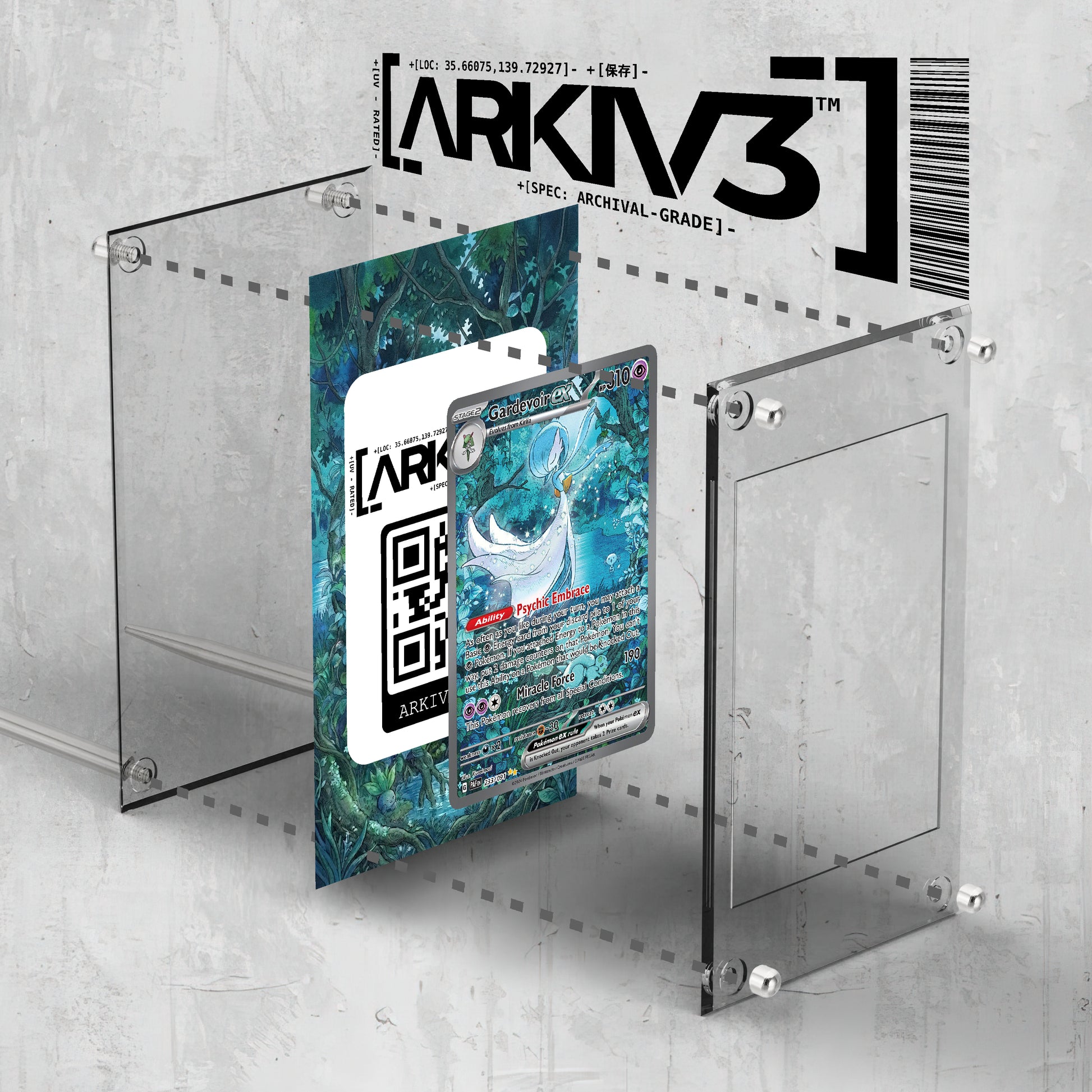 ARKIV3 Gardevoir ex Extended Art Pokémon card display case with exploded view showing mounting and packaging details.